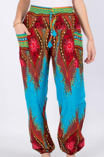 Pantalon bouffant turquoise à motif oriental milles et une nuits