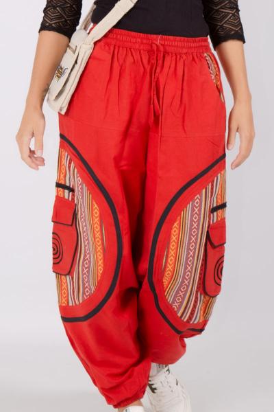 Pantalon sarouel rouge motif tissage traditionnel et spirale