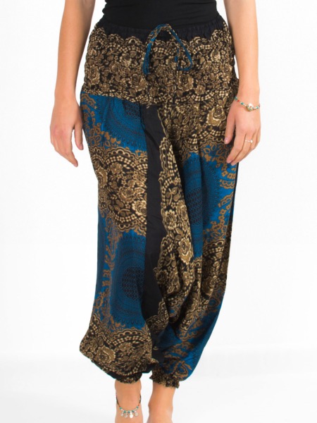 Combi-sarouel bleue pétrole à motif mandala dentelle noire et beige