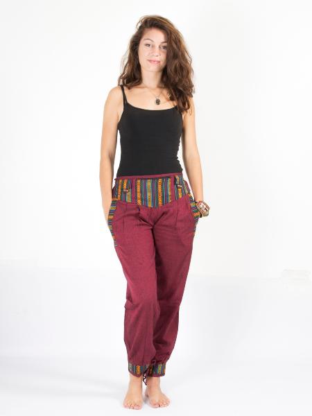 Pantalon bordeaux coton brodé motif népalais