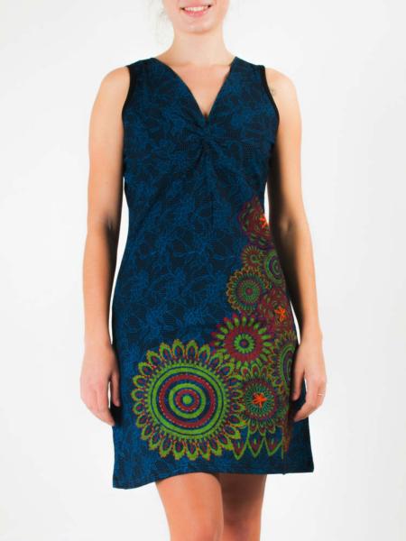 Robe noire courte sans manche à motif dentelle bleue