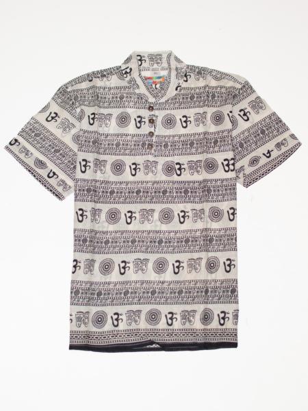 Chemise col mao manche courte écru motif Om sanskrit