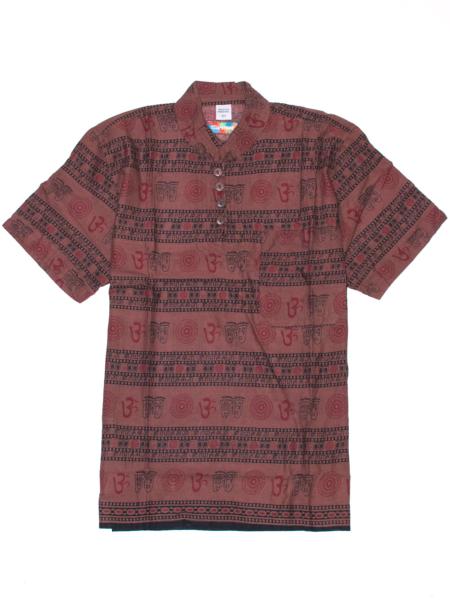 Chemise col mao manche courte marron motif Om sanskrit