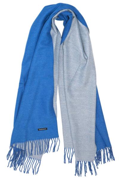 Grande écharpe en cachemire à franges bicolore bleu gris