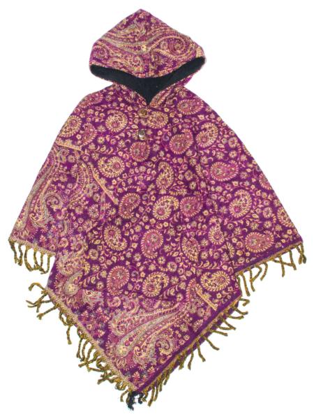 Poncho à capuche fille rose motif cachemire en laine