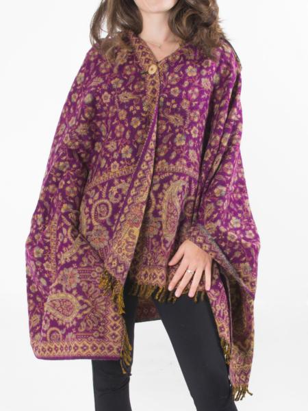 Poncho écharpe en laine violette au motif cachemire 