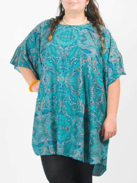 Robe poncho grande taille  ample motif coloré paisley turquoise