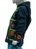 Sweat zippé bleu pétrole patchworks fleurs et ronds
