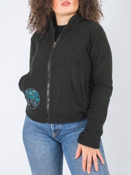 Veste polaire épaisse noire à broderie lotus turquoise