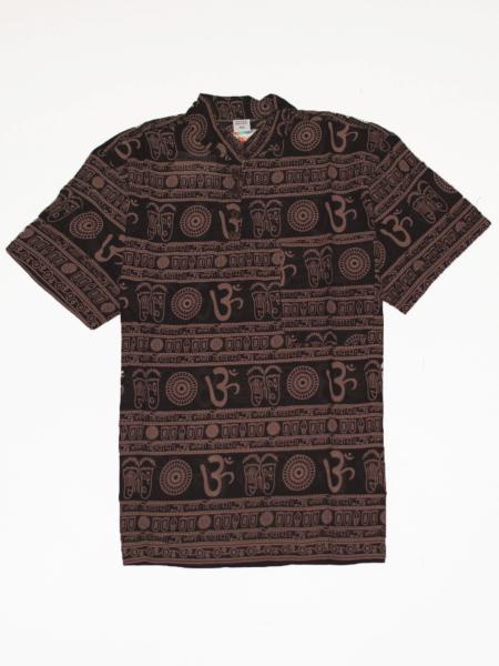 Chemise col mao manche courte marron motif Om sanskrit