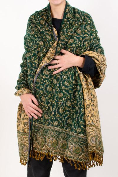 Grande écharpe en pure laine verte à motif cachemire
