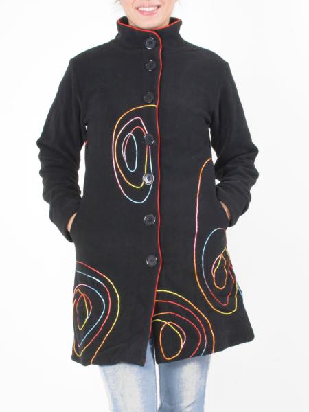 Manteau long noir à broderie spirale multicolore rainbow