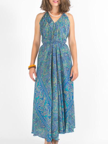Robe longue dos nu colorée à motif paisley bleu vert