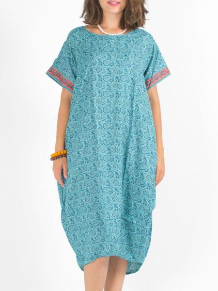 Robe midi ample et droite imprimée turquoise motif paisley