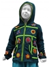 Sweat zippé bleu pétrole patchworks fleurs et ronds
