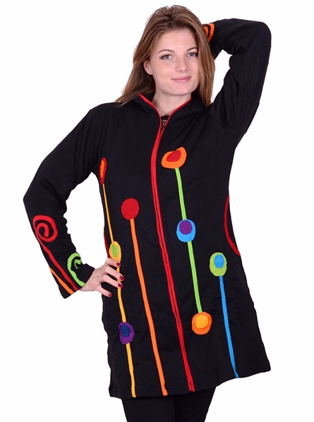 Veste longue noire à capuche aux motifs de cercles colorés