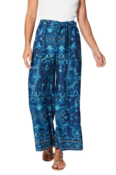 Pantalon fluide large taille élastique à nouer motif bleu