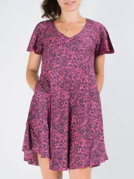 Robe trapèze fleurie courte fluide avec poches mauve