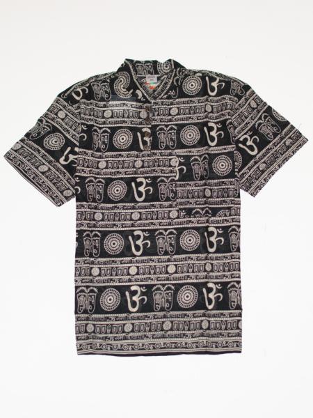 Chemise col mao manche courte noir motif Om sanskrit