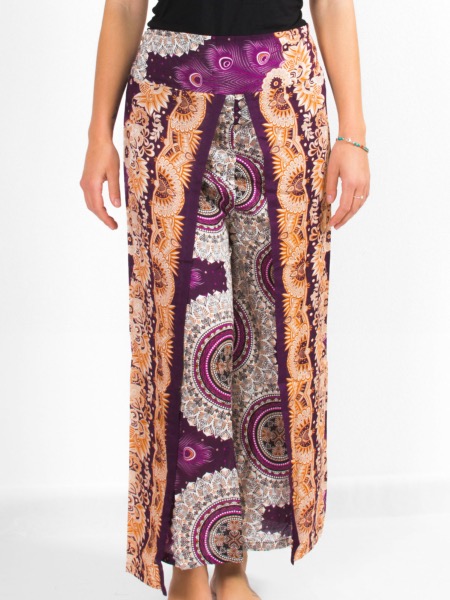 Pantalon ample avec fente devant à motif plume de paon violet