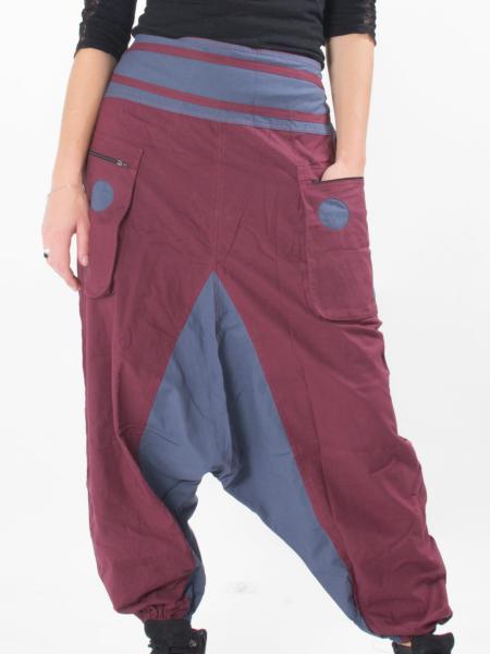 Pantalon sarouel original à découpe bordeaux et gris bleu