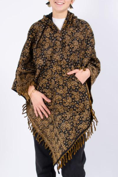 Poncho à capuche noir à motif cachemire en laine