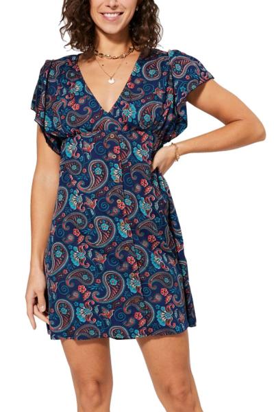 Robe courte droite ou tunique imprimé paisley ethnique bleu