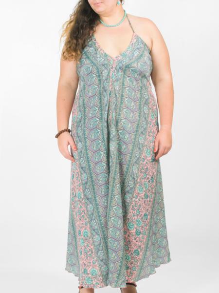 Robe longue dos nu colorée en soie fleurie pastel