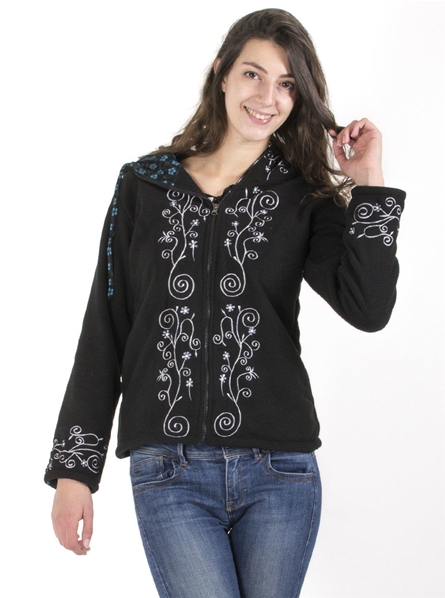Veste polaire à capuche noire à motif floral brodé