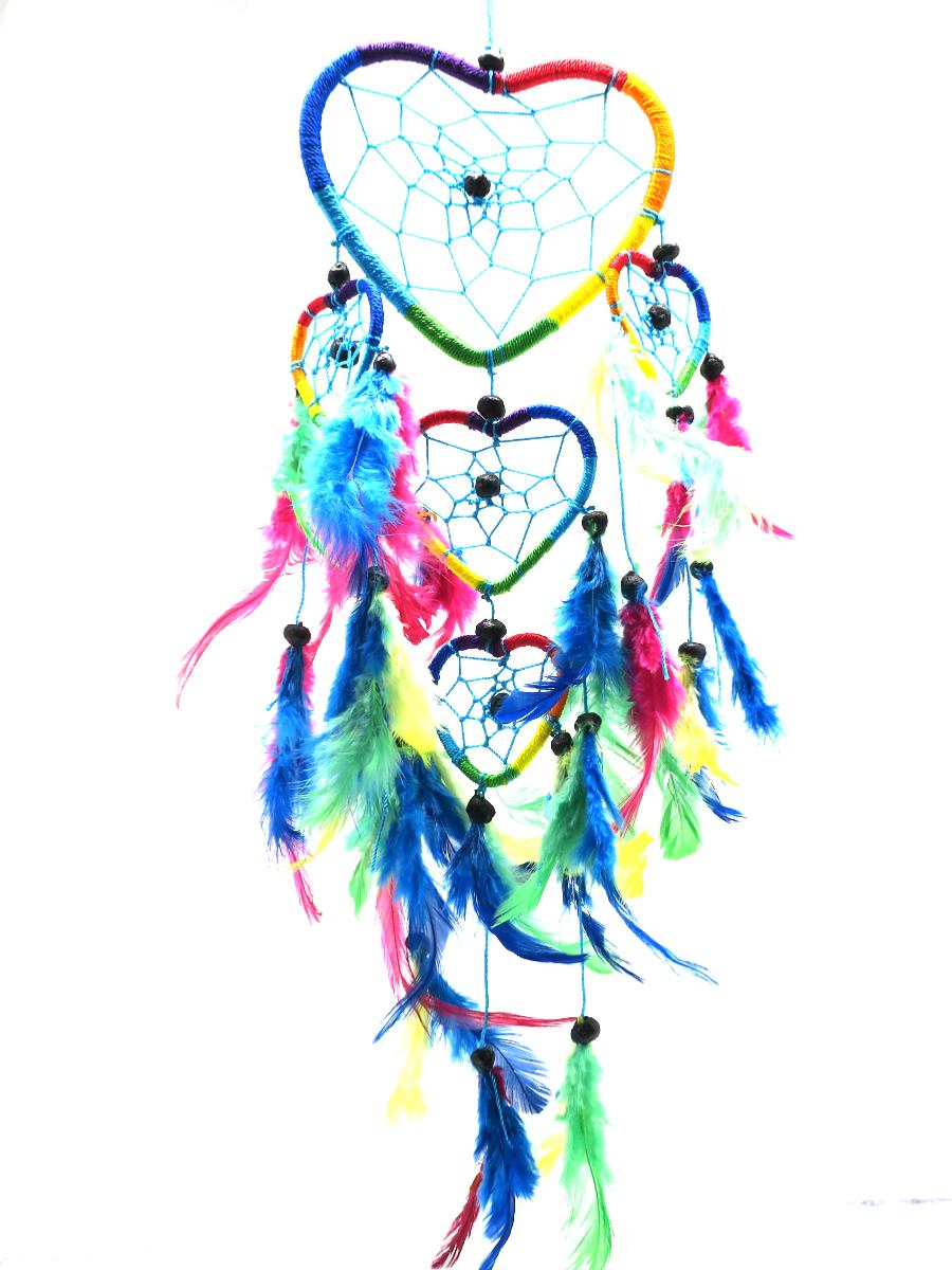Attraperêve ethnique cœur en macramé multicolore à plumes