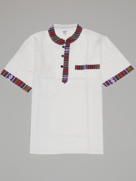 Chemise homme blanche manche courte à col mao motif Népal