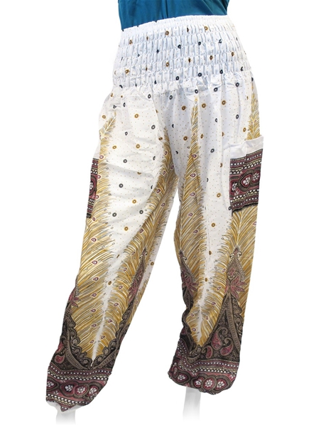 Pantalon bouffant blanc motif plume paisley