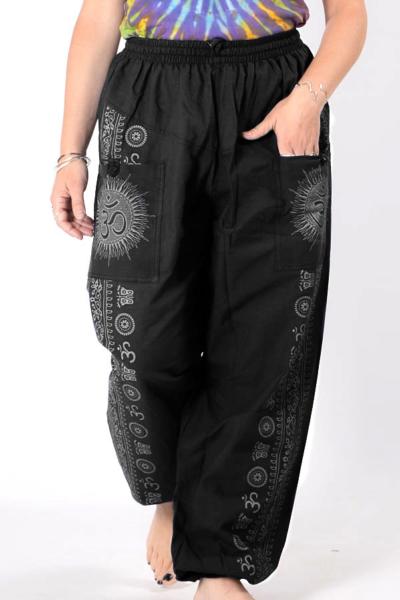 Pantalon bouffant noir à frise ethnique et motif Om latéral