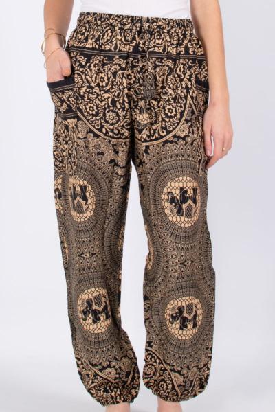 Pantalon bouffant noir à motif mandala éléphant beige