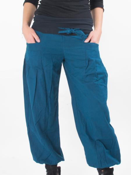 Pantalon bouffant pétrole en coton ceinture façon thaï