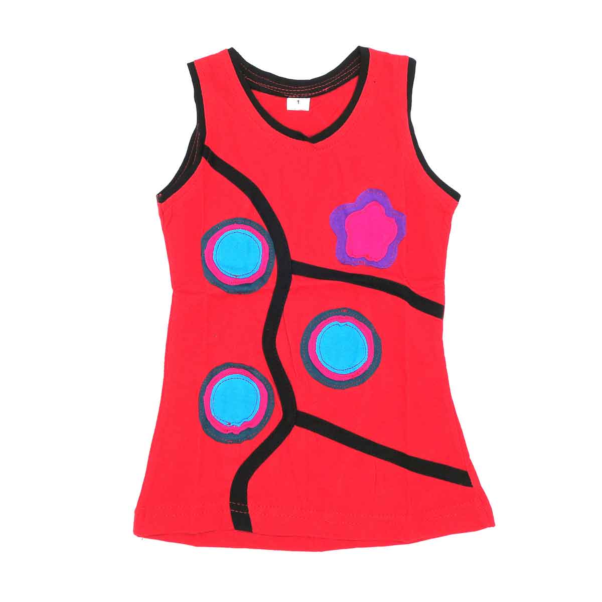 Robe mi-longue rouge avec motif cercles et étoiles