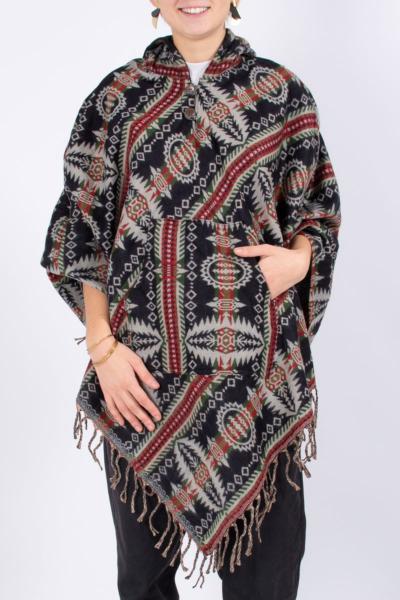 Poncho à capuche noir au motif mexicain en laine