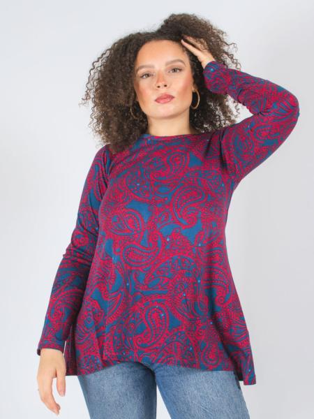 T-shirt manches longues imprimé paisley rouge et bleu