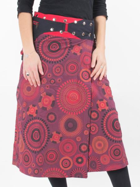 Jupe midi en coton bordeaux à motif de mandala