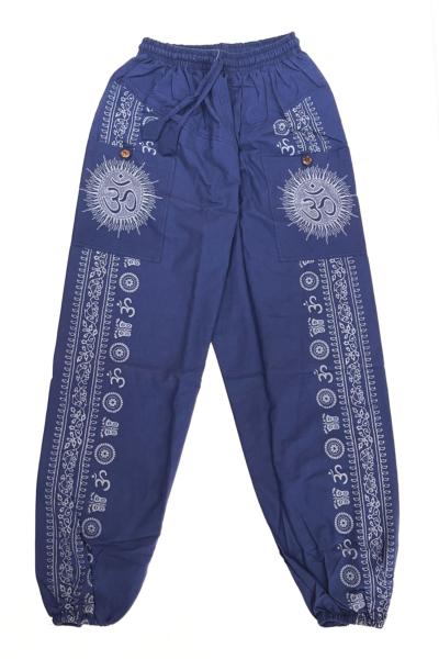 Pantalon bouffant bleu à frise ethnique et motif Om latéral