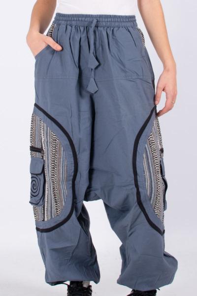 Pantalon sarouel gris motif tissage traditionnel et spirale