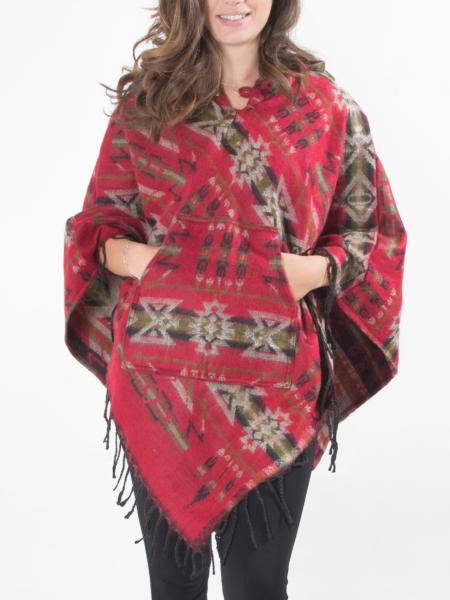 Poncho à capuche rouge au motif mexicain pure laine