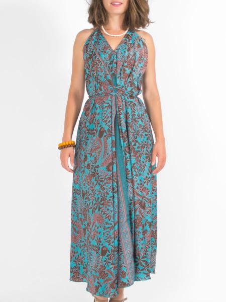 Robe longue dos nu en soie fleurie colorée bleu pétrole