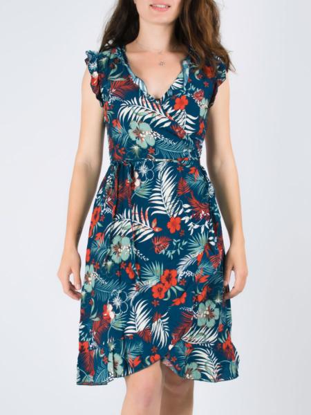 Robe portefeuille tendance bohème fleurie à volants bleu