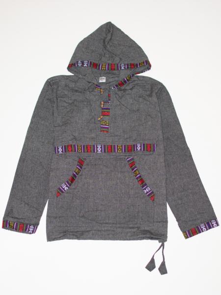 Chemise à capuche manche longue gris foncé motif Népal