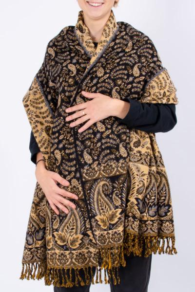 Grande écharpe en pure laine noire à motif cachemire
