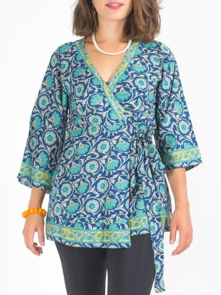 Long gilet bleu marine à motif floral ethnique style kimono