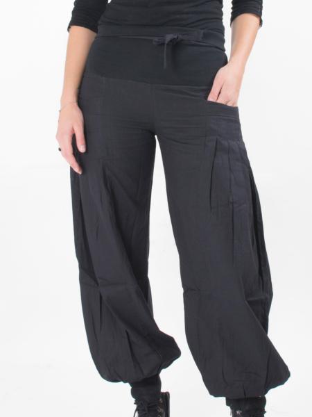 Pantalon bouffant noir en coton ceinture façon thaï