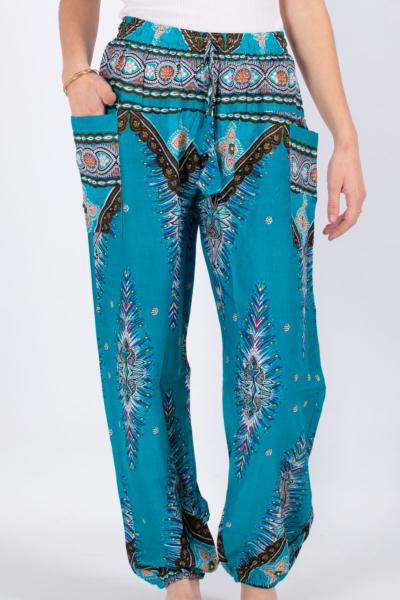 Pantalon bouffant turquoise à motif oriental milles et une nuits