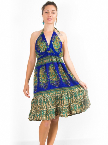 Robe dos nu en soie vegan à motif paisley coloré bleue et verte